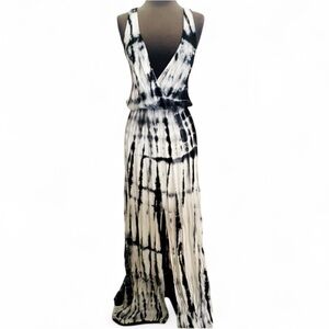 BLUE BLUSH BLACK WHITE TIE DYE SLEEVELESS V NECK ELASTIC WAIST MAXI DRESS SMALL